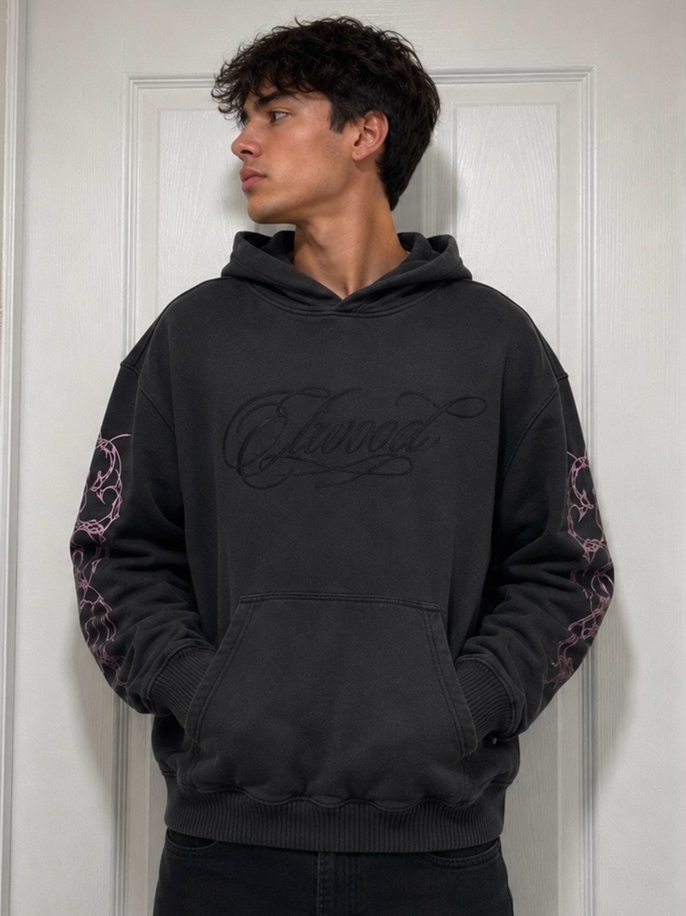 Elwood Line Work Graphic Hoodie Vintage Black Size M Oversized Organic Cotton
